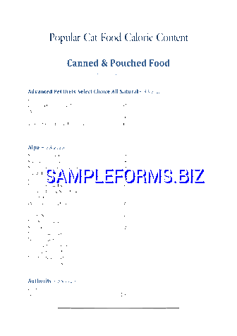 Cat Food Calorie Chart pdf free